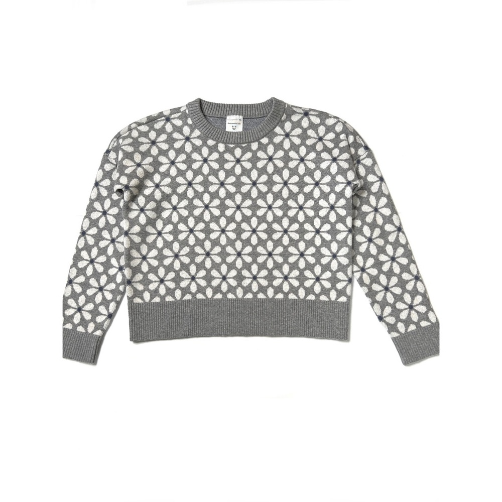 abercrombie kids Gray/White Floral Design Crewneck Knit Sweater Sz 9/10 …